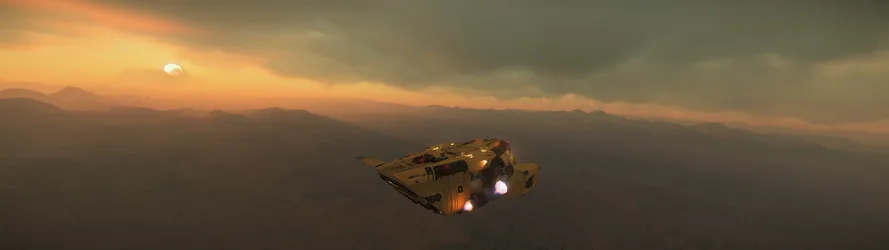 Drake Cutter Flying Over Mountainous Alien Landscape at Sunset - free wallpaper 5120×1440