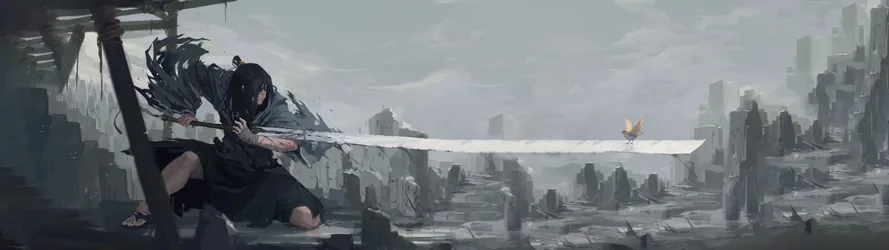 Samurai Warrior in Post-Apocalyptic Ruins - free fantasy wallpaper 3840×1080