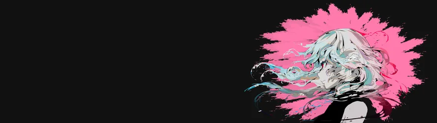 Anime Girl with Flowing Hair Against Pink Splatter - free wallpaper 5120×1440