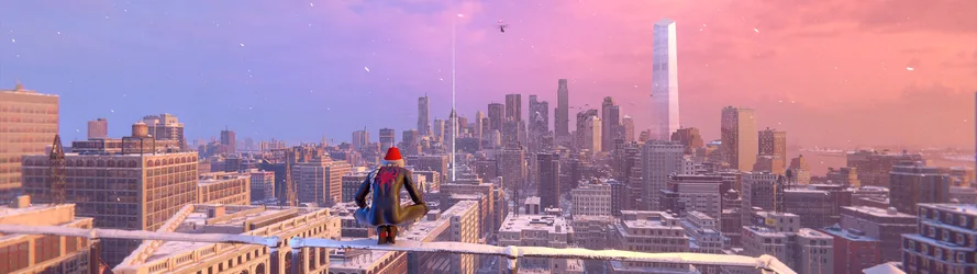 Miles Morales Overlooking New York City at Sunset - free gaming wallpaper 5120×1440