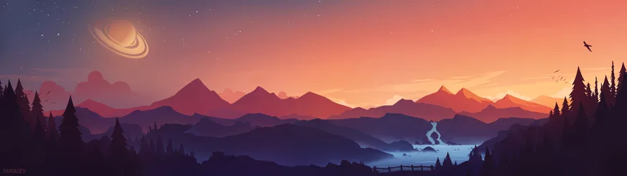 Alien Landscape with Saturn Rising Over Mountains at Sunset - free landscapes wallpaper 3840×1080