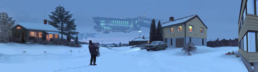 Tales From The Loop Winter Encounter With UFO - free sci-fi wallpaper 5120×1440