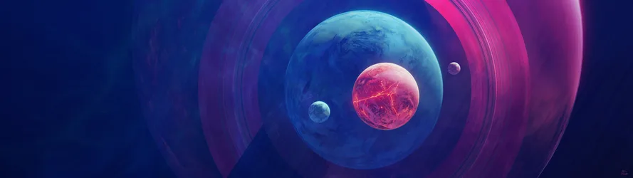 Celestial System with Lava Planet and Icy Moons - free space wallpaper 7680×2160