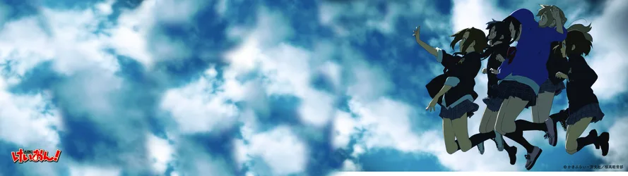 K-ON! Girls Jumping Among The Clouds - free anime wallpaper 3840×1080