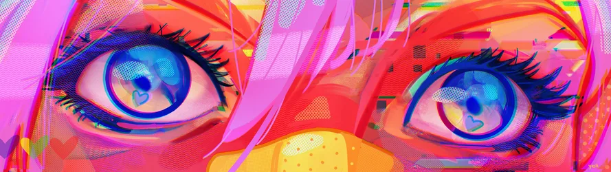 Glitch Art Portrait with Blue Eyes and Pink Hair - free wallpaper 5120×1440