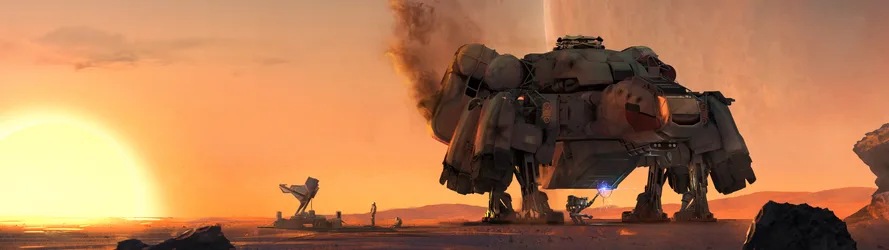 Starfield Massive Robot Sunset on Alien Planet - free sci-fi wallpaper 5120×1440