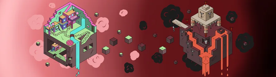 Isometric Fantasy Islands with Dark and Light Realms - free wallpaper 3840×1080