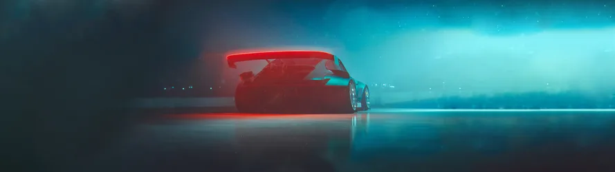 Neon Red Sports Car in Cyan Darkness - free wallpaper 5120×1440
