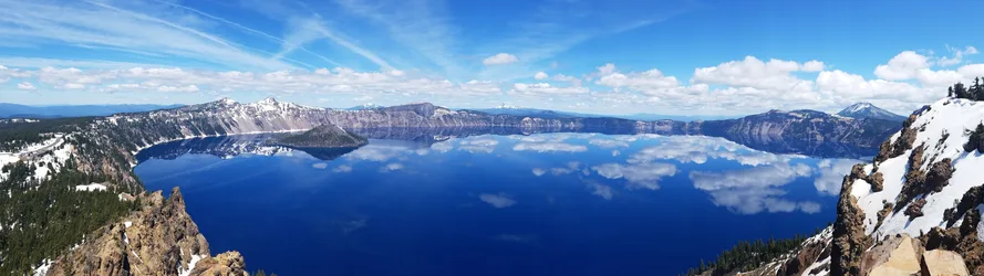 Crater Lake Panoramic Landscape with Snow and Reflection - free wallpaper 3840×1080