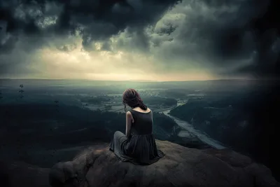 Woman Contemplating Valley Landscape from Cliff Edge - free wallpaper 5376×3584