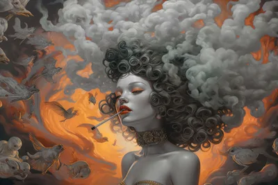 Surreal Portrait of Woman with Curled Hair in Flames - free art & design wallpaper 5376×3584