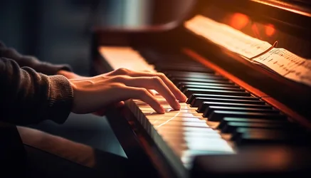 Hands Playing Piano in Warm Golden Sunlight - free music wallpaper 6067×3467