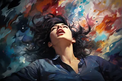 Woman With Dark Hair Looking Upward Against Colorful Abstract Background - free art & design wallpaper 4724×3150