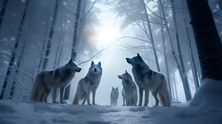 Wolf Pack in Snowy Forest Clearing - free wallpaper 5824×3264