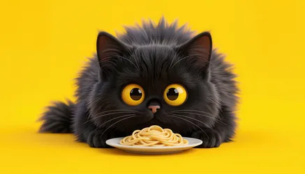 Black Cat With Golden Eyes Staring at Spaghetti Plate - free animals wallpaper 3840×2194
