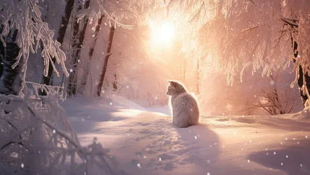 White Cat in Snowy Forest at Sunrise - free animals wallpaper 1920×1080