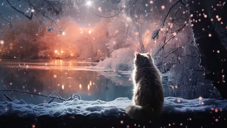 Black and White Cat Watching Snowy Winter Landscape - free animals wallpaper 1920×1080