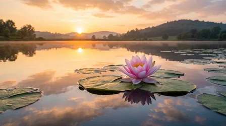 Pink Water Lily at Sunrise Over Calm Lake - free photography wallpaper 2752×1536