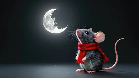 Mouse in Red Scarf Gazing at Crescent Moon - free wallpaper 3840×2160