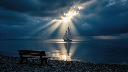 Sailboat Under Divine Light Rays Over Calm Sea - free landscapes wallpaper 3840×2160