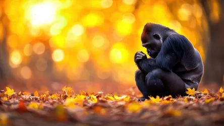 Young Gorilla Sitting Among Autumn Leaves at Sunset - free wallpaper 3840×2160