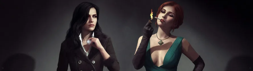 Triss Merigold and Yennefer of Vengerberg Noir Portrait - free gaming wallpaper 7680×2160