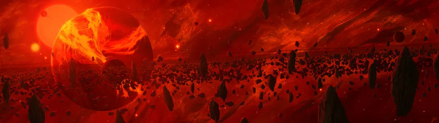 Red Star System with Asteroid Belt - free space wallpaper 7680×2160