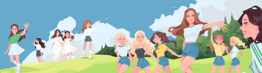 LOONA Members in Sunny Meadow - free art & design wallpaper 3840×1080