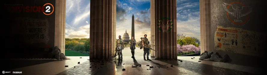 The Division 2 Agents at the Lincoln Memorial - free gaming wallpaper 3840×1080