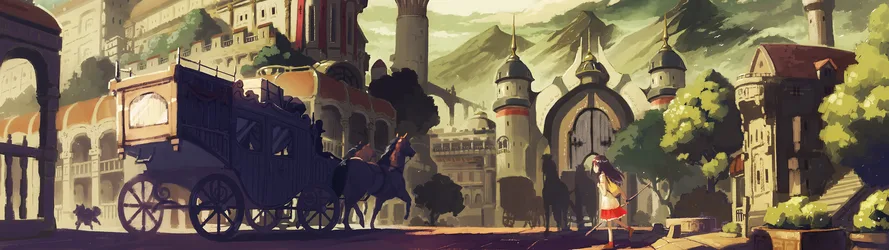 Fantasy Town Gates at Sunset - free wallpaper 3840×1080