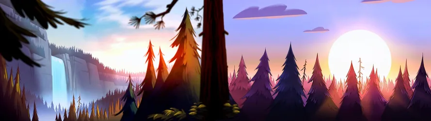 Gravity Falls Forest Sunset Landscape - free wallpaper 3840×1080