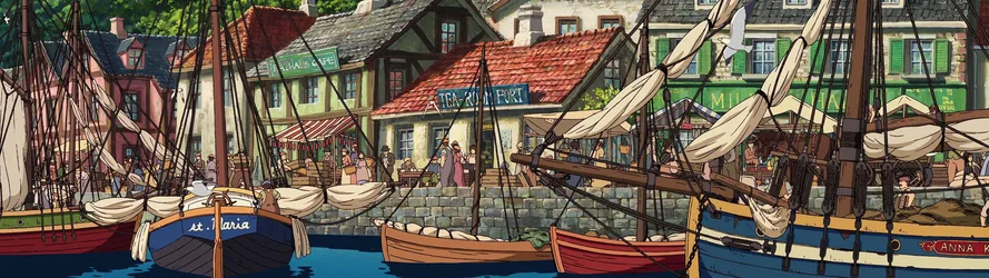 Howl's Moving Castle Harbor Town Illustration - free art & design wallpaper 3840×1080