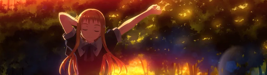 Anime Girl in Red Dress at Sunset Forest - free wallpaper 3840×1080