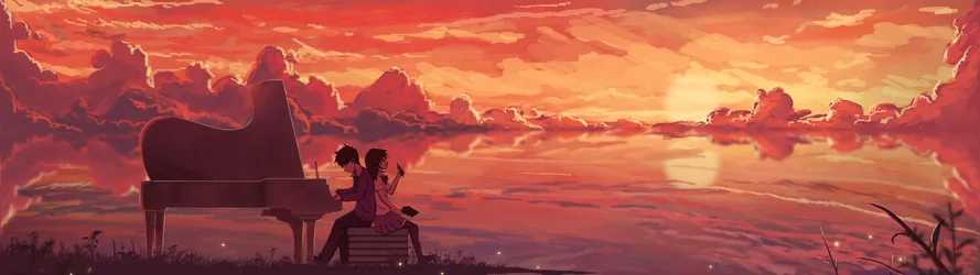 Sunset Piano Duet Over Golden Clouds - free anime wallpaper 3840×1080