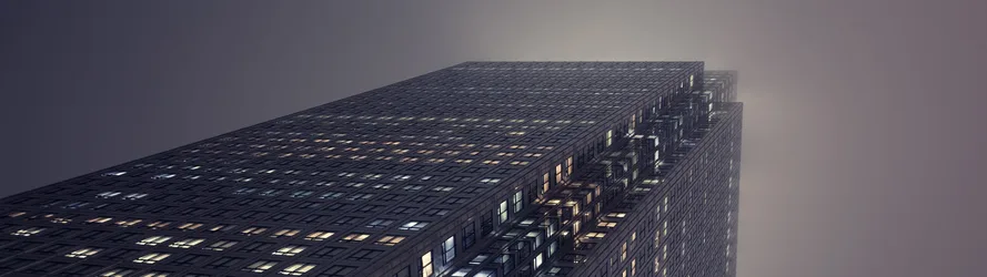 Skyscraper Lights Through the Mist - free wallpaper 3840×1080