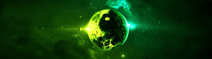 Glowing Green Planet in Deep Space - free space wallpaper 3840×1080