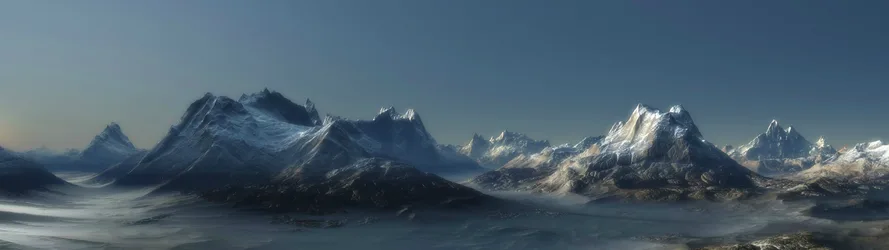 Snowy Mountain Range in Misty Valley - free wallpaper 3840×1080
