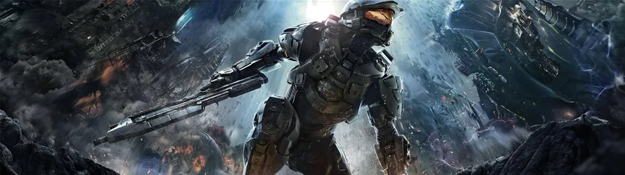 Master Chief in Futuristic Armor on a Devastated Halo World - free wallpaper 3840×1080