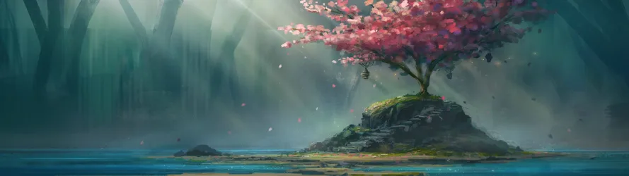 Island of Cherry Blossoms - free wallpaper 3840×1080