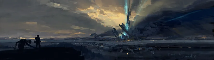 Half-Life Survivors Overlooking the Alien Invasion - free wallpaper 3840×1080