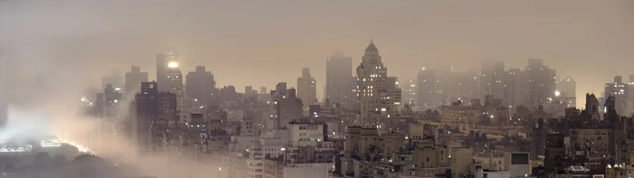 Misty Cityscape in Morning Fog - free wallpaper 3840×1080