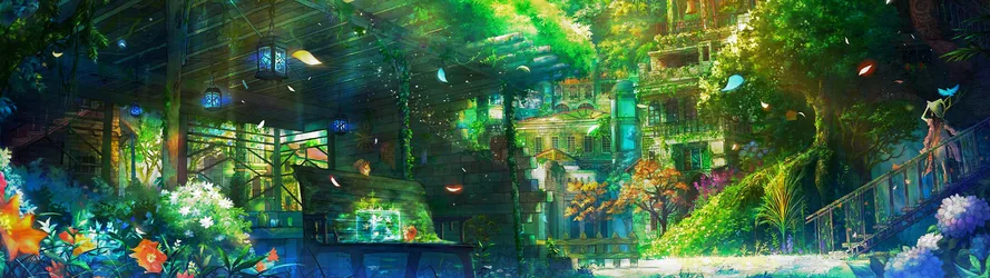 Neon Garden Fantasy City with Blooming Flowers - free anime wallpaper 3840×1080