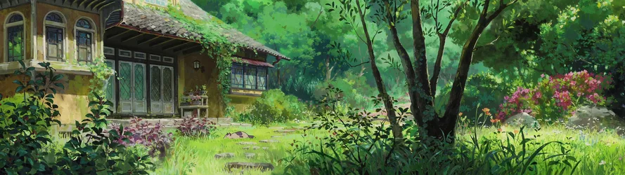 The Borrowers Garden Cottage - free anime wallpaper 3840×1080