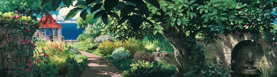 Porco Rosso's Enchanted Garden Path - free wallpaper 3840×1080