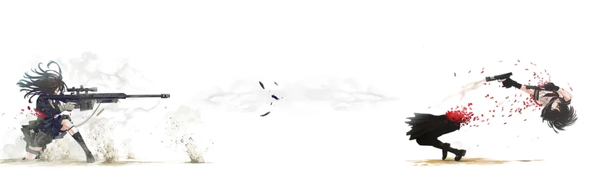 Anime Girls Sniper Duel with Petals - free anime wallpaper 3840×1080