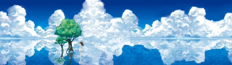 Anime Girl In White Dress Among Clouds And Trees - free anime wallpaper 3840×1080