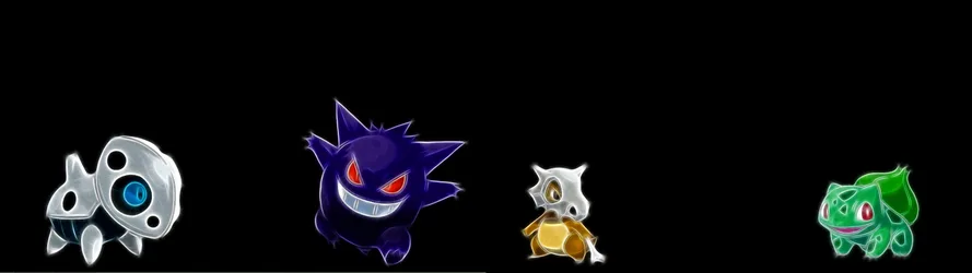 Pokémon Aron Gengar Cubone and Bulbasaur on Black Background - free gaming wallpaper 3840×1080