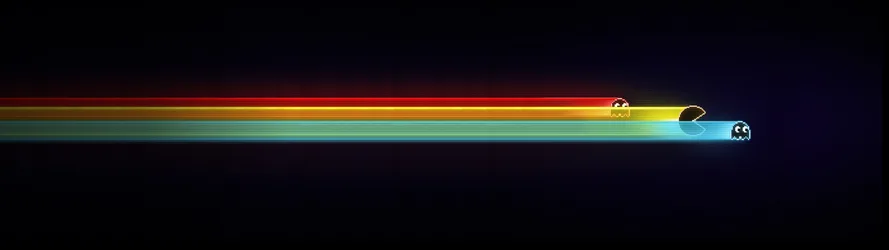 Pac-Man Chase Across the Rainbow Spectrum - free gaming wallpaper 3840×1080