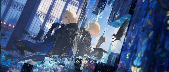 Dainsleif in Genshin Impact Standing in a Blue Cityscape - free gaming wallpaper 3360×1440