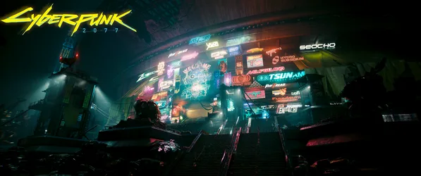 Cyberpunk 2077 Neon City Stairs at Night - free wallpaper 3440×1440